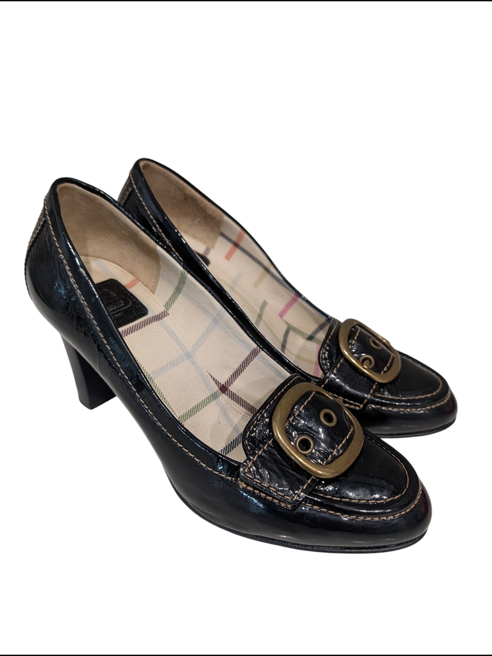 Coach Black Patent Leather Mid-Heel Loafers with Gold Buckle